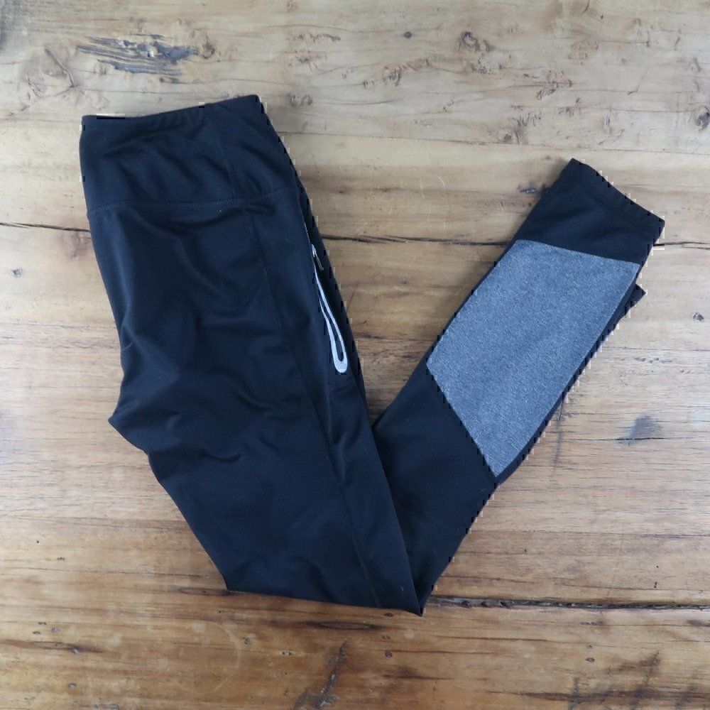 REEBOK BLACK WITH GREY CALF PATCHES ZIPPER POCKET FULL LENGTH LEGGINGS SIZE S